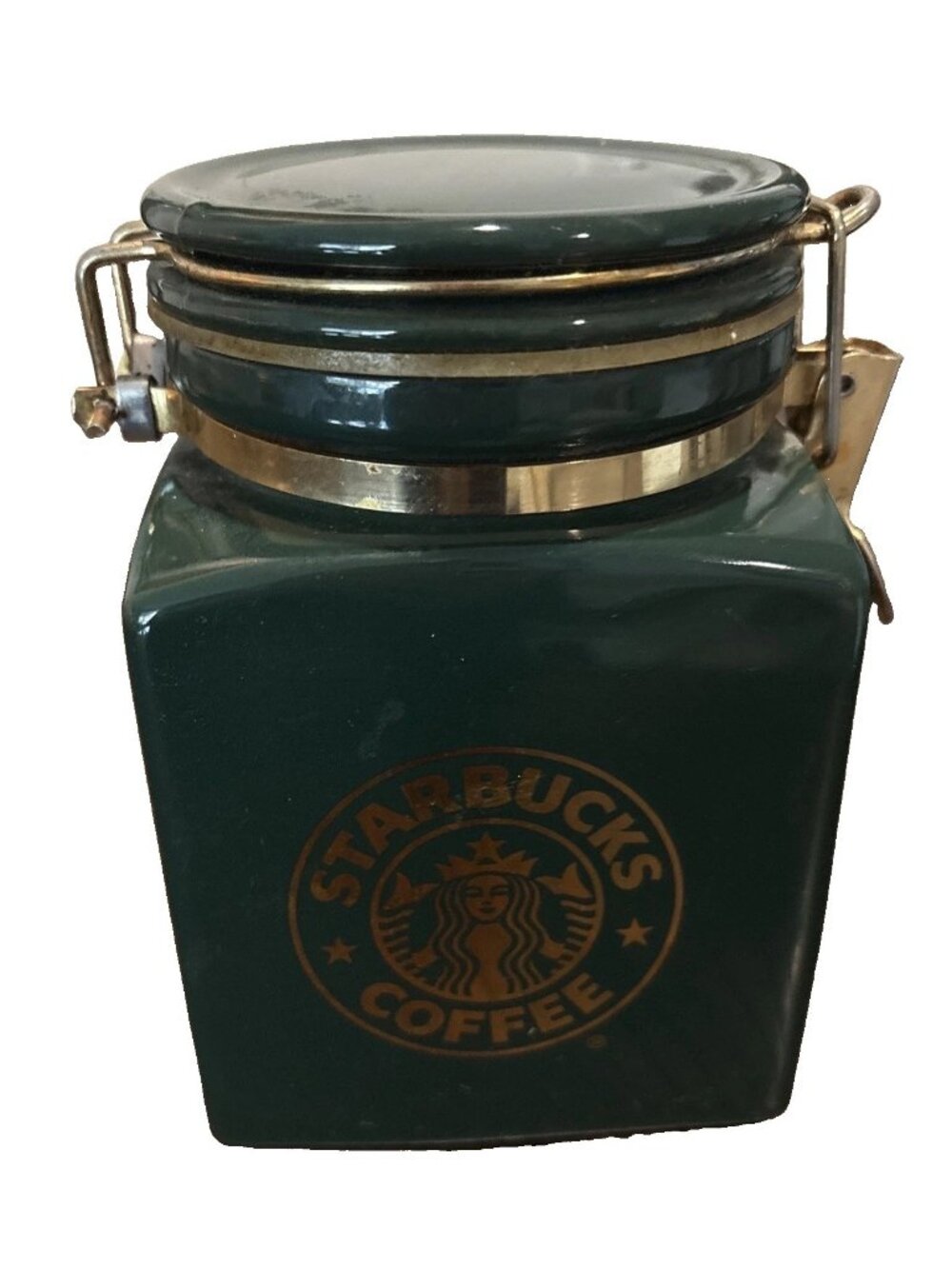 Starbucks Ceramic Coffee Canister Gold Mermaid Logo Green 7”